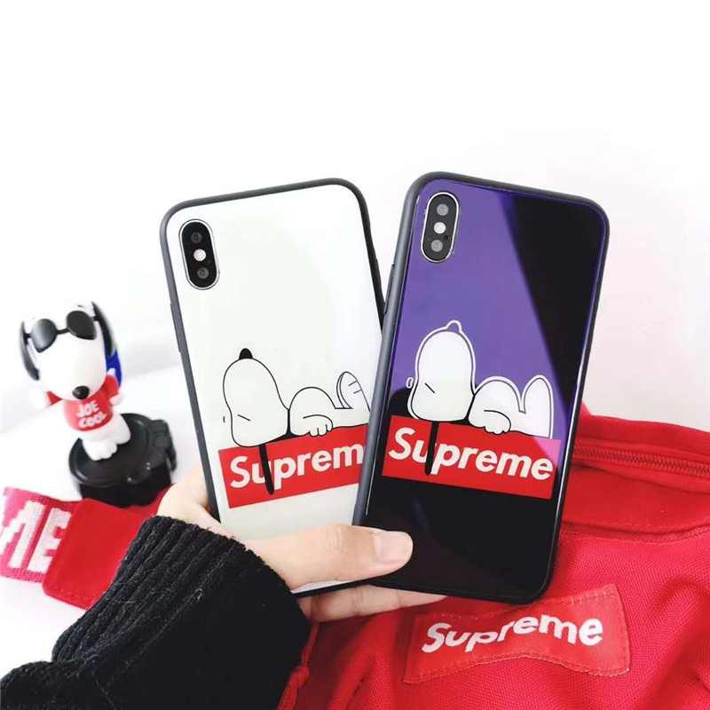 スヌーピーSupremeコラボ ブランドIphone13Pro Max/13Miniケース 鏡面ガラス ジャケット シュプリーム全機種対応