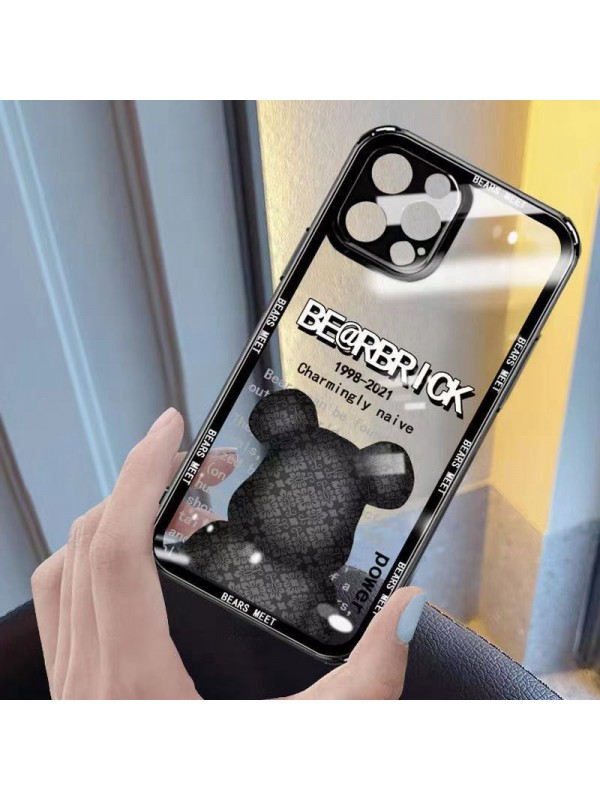 KAWS カウズ BE@RBRICK iphone 13pro/13mini/13pro maxケース ブランド 背面ガラス 韓国風 クリアケース ジャケット型 熊柄 モノグラム アイフォン13/12/11/x/xs/xr/8/7カバー  セレブ愛用 メンズ レディーズ