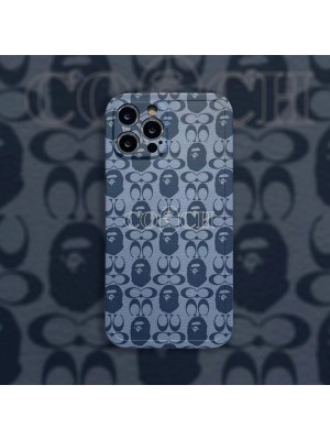 エーエイプ＆コーチコラボブランドiphone13/13mini/13promaxケースジャケット型 激安AAPE/BAPE&COACH ブランド耐衝撃レザー製 アイフォン12/12mini/12promaxケース交換用ケース人気 iphone11/SE2/X/XS/XR/8/7カバー 可愛いキャラクター芸能人愛用 メンズ レディーズ