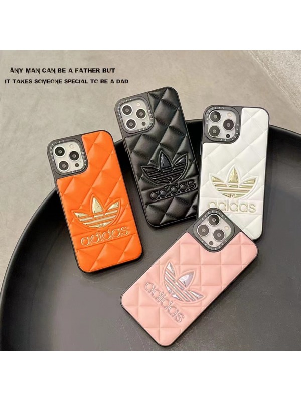 Adidas ブランド iphone 14/14 pro/14 pro maxケース アディダス 韓国風 トレフォイル柄 モノグラム Trefoil レザー ソフト ジャケット型 アイフォン14/13/12カバー ファッション メンズ レディース