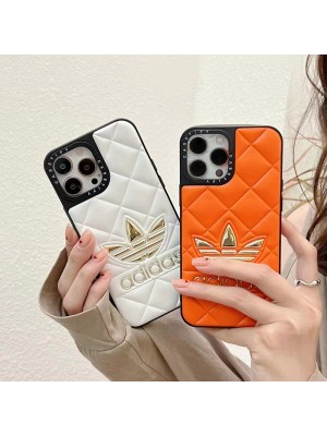 Adidas ブランド iphone 14/14 pro/14 pro maxケース アディダス 韓国風 トレフォイル柄 モノグラム Trefoil レザー ソフト ジャケット型 アイフォン14/13/12カバー ファッション メンズ レディース