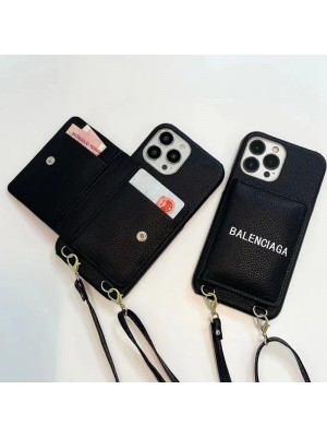 Balenciaga バレンシアガ ハイブランド iphone14Pro max/14Pro/14ケース かわいい カード入り レザー ストラップ付き スマホケース アイフォン14プロ マックス/13プロ/13カバー ファッション メンズ レディース