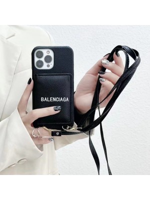 Balenciaga バレンシアガ ハイブランド iphone14Pro max/14Pro/14ケース かわいい カード入り レザー ストラップ付き スマホケース アイフォン14プロ マックス/13プロ/13カバー ファッション メンズ レディース