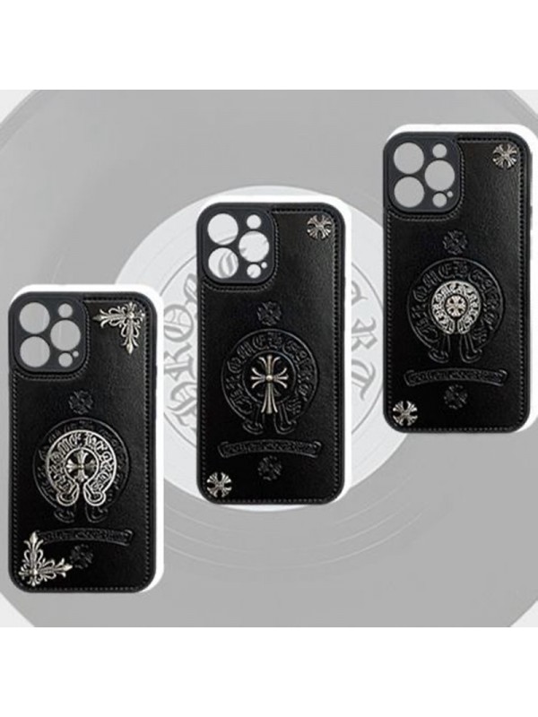 Chrome Hearts ハイブランド クロムハーツ iphone 14/14 pro/14 pro max/14 plusケース 経典 韓国風 レザー製 十字形 モノグラム柄 ジャケット型 アイフォン14/13/12/11/x/xs/xs max/xr/8  plus/7 plusカバー 黒色  メンズ レディーズ