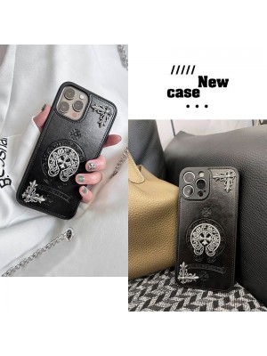 Chrome Hearts ハイブランド クロムハーツ iphone 14/14 pro/14 pro max/14 plusケース 経典 韓国風 レザー製 十字形 モノグラム柄 ジャケット型 アイフォン14/13/12/11/x/xs/xs max/xr/8  plus/7 plusカバー 黒色  メンズ レディーズ