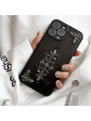 Chrome Hearts ハイブランド クロムハーツ iphone 14/14 pro/14 pro max/14 plusケース 経典 韓国風 レザー製 十字形 モノグラム柄 ジャケット型 アイフォン14/13/12/11/x/xs/xs max/xr/8  plus/7 plusカバー 黒色  メンズ レディーズ