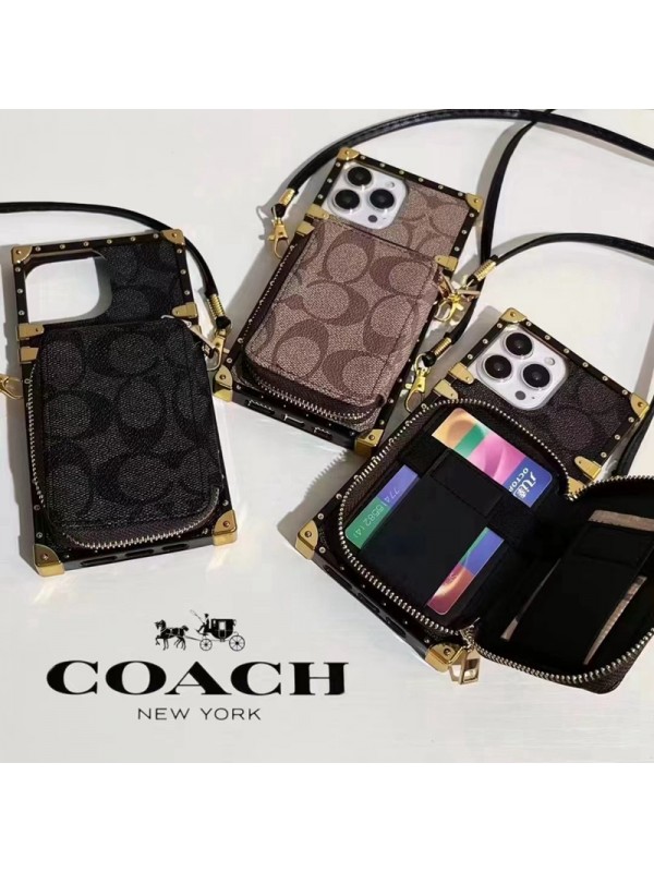 Coach ハイブランド コーチ iphone13/13pro/13pro maxケース オシャレ 財布バッグ ストラップ付 トランク型 レザー製  ins風 アイフォン13/12/11カバー 大人気 メンズ レディース