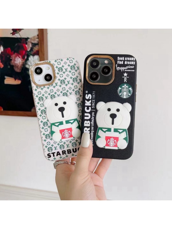 Louis Vuitton Starbucks ルイヴィトン スターバックス コラボ ブランド iphone 14/14 pro/14 pro maxケース 韓国風 シリコン 立体白熊 モノグラム アイフォン14/14プロ/13/12/11カバー 韓国風 メンズ レディース