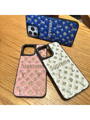 LV Supreme コラボ ルイヴィトン シュプリーム ブランド iphone 14/14 pro/14 pro maxケース 韓国風 モノグラム レザー きらきら 収納可能 アイフォン14/13/12/11カバー 大人気 メンズ レディーズ