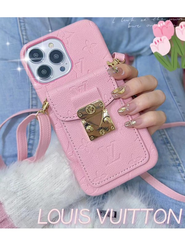 LV ブラント iPhone 14/14 Pro/14 Pro Maxケース 韓国風 ルイヴィトン カード入れ ストラップ付き レザーバッグ モノグラム ピンク色 アイフォン14/14プロ/14プロ マックス/13/12/11カバー 大人気 メンズ レディース