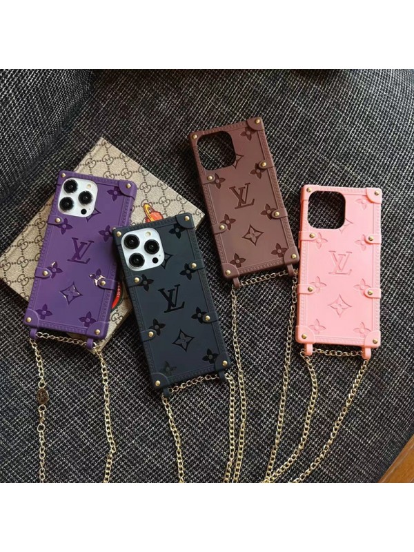 LV ブランド iphone 14 pro max/14 pro/14/14ケース 韓国風 トランク型 ルイヴィトン チェーン付き モノグラム シリコン アイフォン14プロマックス/14プロ/14/13カバー セレブ愛用 ファッション メンズ レディース