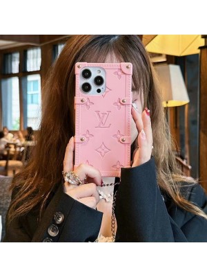 LV ブランド iphone 14 pro max/14 pro/14/14ケース 韓国風 トランク型 ルイヴィトン チェーン付き モノグラム シリコン アイフォン14プロマックス/14プロ/14/13カバー セレブ愛用 ファッション メンズ レディース