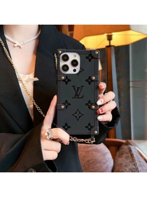 LV ブランド iphone 14 pro max/14 pro/14/14ケース 韓国風 トランク型 ルイヴィトン チェーン付き モノグラム シリコン アイフォン14プロマックス/14プロ/14/13カバー セレブ愛用 ファッション メンズ レディース