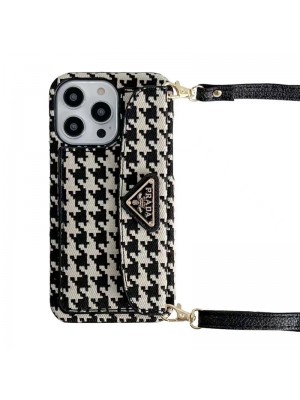 prada/プラダ ブランド iphone 14 pro max/14 pro/14 plus/14ケース モノグラム 千鳥柄 レザー ストラップ バング風 カード入れ アイフォン14/13/12/11カバー ファッション メンズ レディース