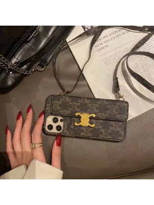 celine セリーヌ ブランド iphone 14 pro max/14 pro/14/13/12/11ケース かわいい バッグ型 カード入れ レザー ストラップ  モノグラム 斜めがけ galaxy s23/s23+/s23 Plus/s23 ultra/note20カバー 韓国風 ファッション メンズ レディース