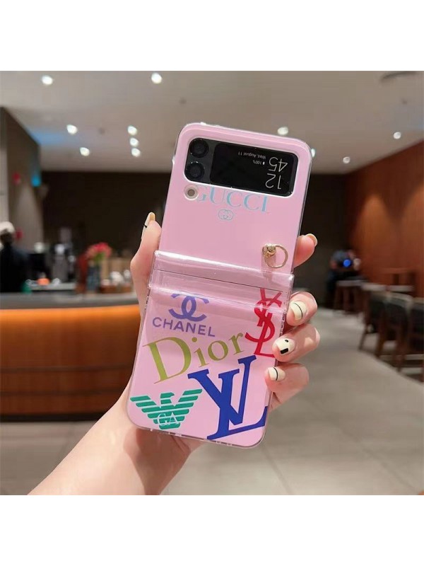 Chanel/Dior/Gucci/LV ブランド galaxy z flip 4/z flip 3ケース 韓国風 クリアケース 折りたたむ チェーン付き モノグラム ピック色 ディオール/グッチ/ルイヴィトン/シャネル Armani 保護 ギャラクシーZ FLIP 4/3カバー 大人気 メンズ レディース