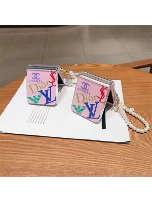 Chanel/Dior/Gucci/LV ブランド galaxy z flip 4/z flip 3ケース 韓国風 クリアケース 折りたたむ チェーン付き モノグラム ピック色 ディオール/グッチ/ルイヴィトン/シャネル Armani 保護 ギャラクシーZ FLIP 4/3カバー 大人気 メンズ レディース