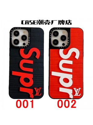 SUPREME/LV シュプリーム/ルイヴィトン コラボ ブランド iPhone 14/14 Pro/14 Pro Maxケース 韓国風 モノグラム シリコン製 ジャケット型 赤黒白 保護 アイフォン14/14プロ/14プロマックス/13/12/11カバー 大人気 メンズ レディース