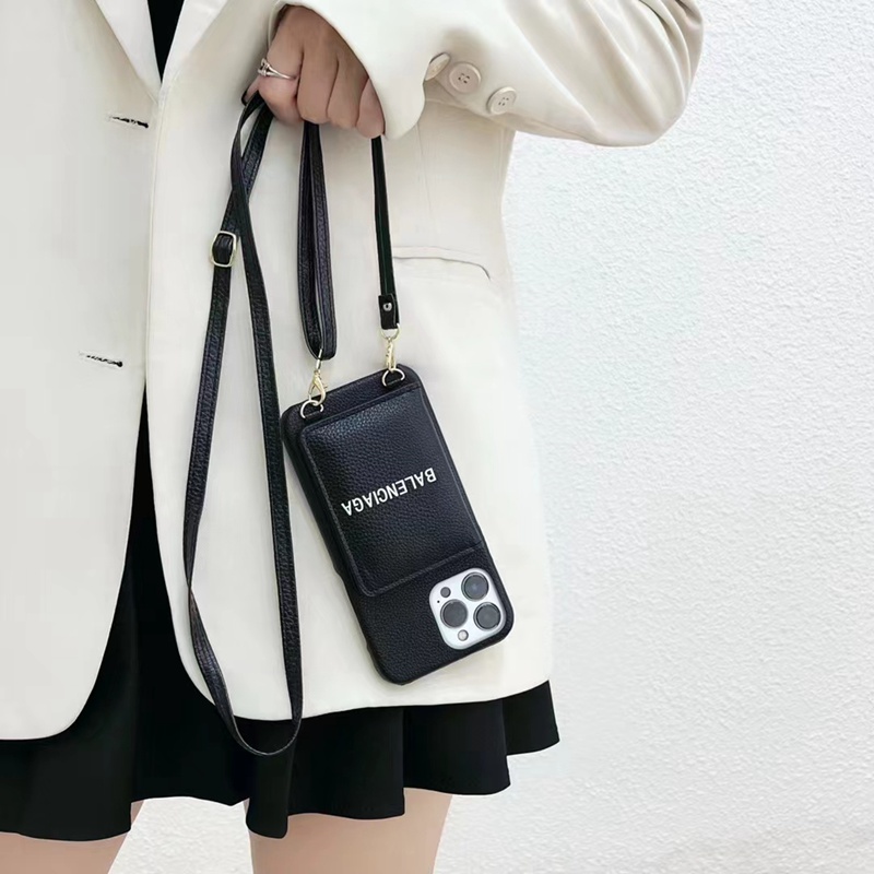 Balenciaga バレンシアガ ブランド iphone14Pro max/14Pro/14ケース かわいい カード入り レザー ストラップ付き