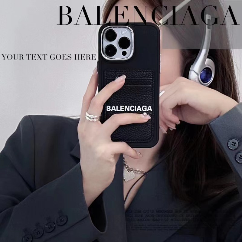 バレンシアガiphone14pro max/14plusケースインスタ風balenciagaカード革モノグラム黒ブランド アイフォン14プロ マックス