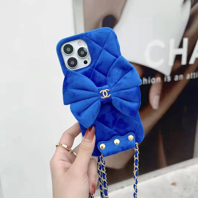 CHANEL ハイブランド iphone13/13 pro/13 pro max/13 miniケース シャネル ちょう結び ベルベット製 フワフワ バンドバンド ストラップ付