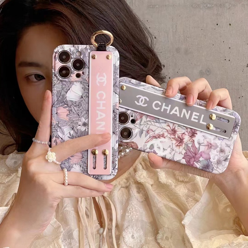 CHANELハイブランドiphone14/14 pro/14 pro maxケース シャネル 韓国風 花柄 ハンドバンド付 リング付き ジャケット型 モノグラム スタンド機能