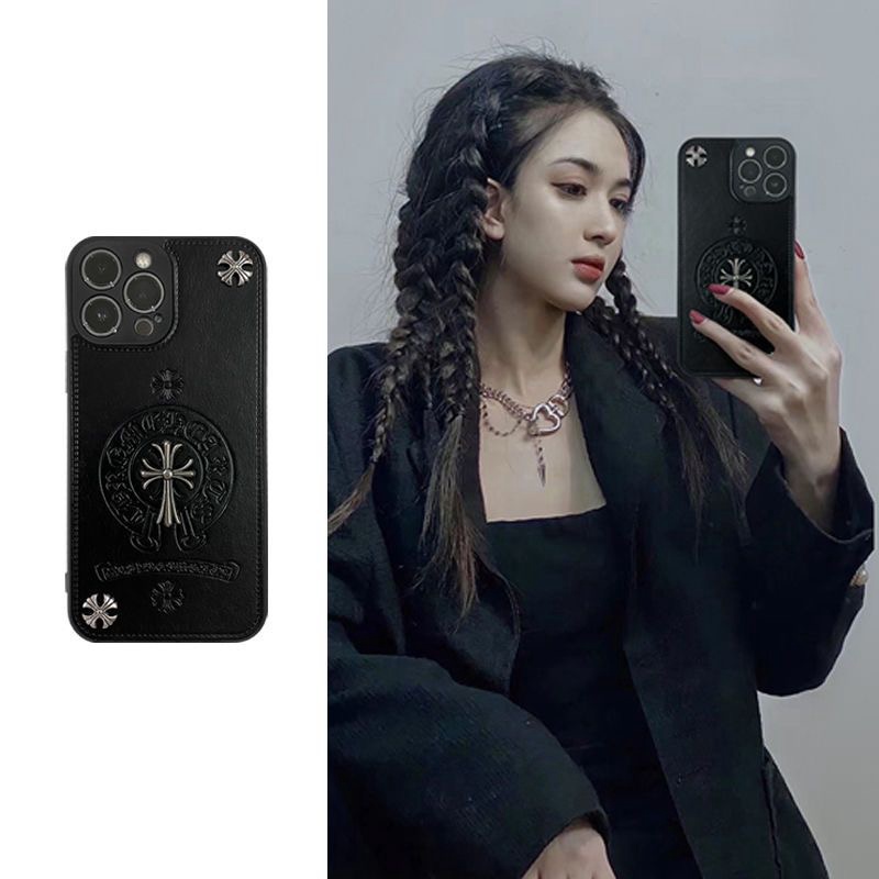 chrome hearts iphone14pro max/14plusケース革クロムハーツ十字モノグラム黒ジャケット ブランド アイフォン14カバー