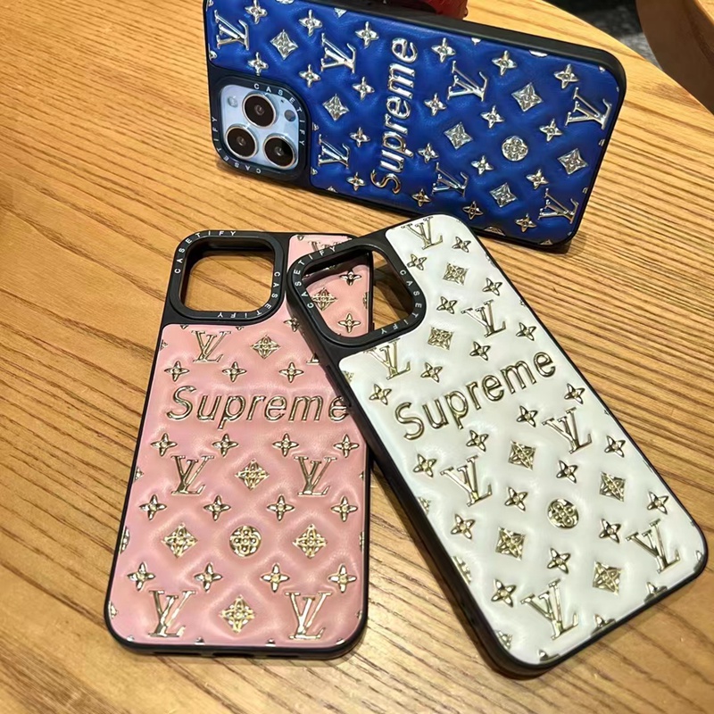 LV Supreme コラボ ルイヴィトン シュプリーム ブランド Iphone 14 Plus/14 Pro Maxケース 韓国風 モノグラム レザー きらきら アイフォン14カバー レディーズ