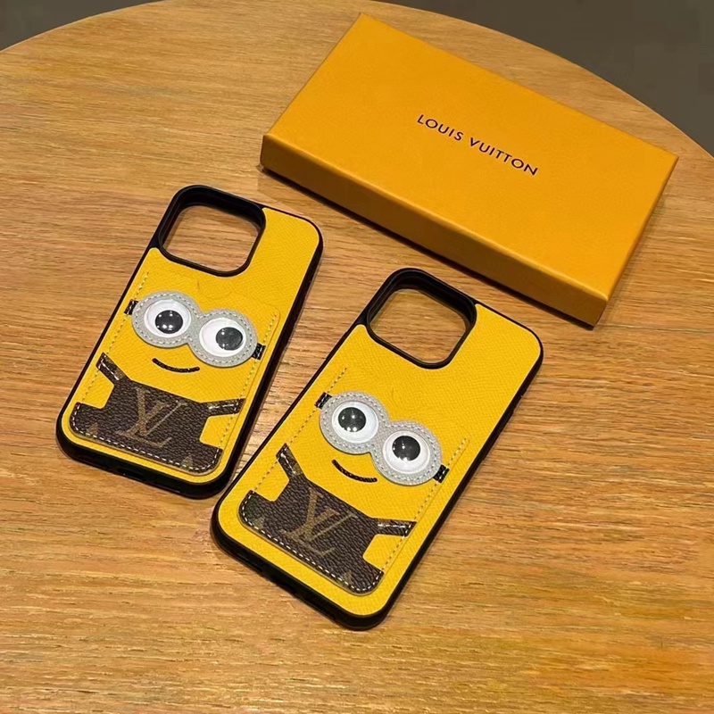LV iphone14pro max/14plusケース ヴィトン ミニオン革カード黄色キャラクター アイフォン14プロ マックス カバー ブランド男女
