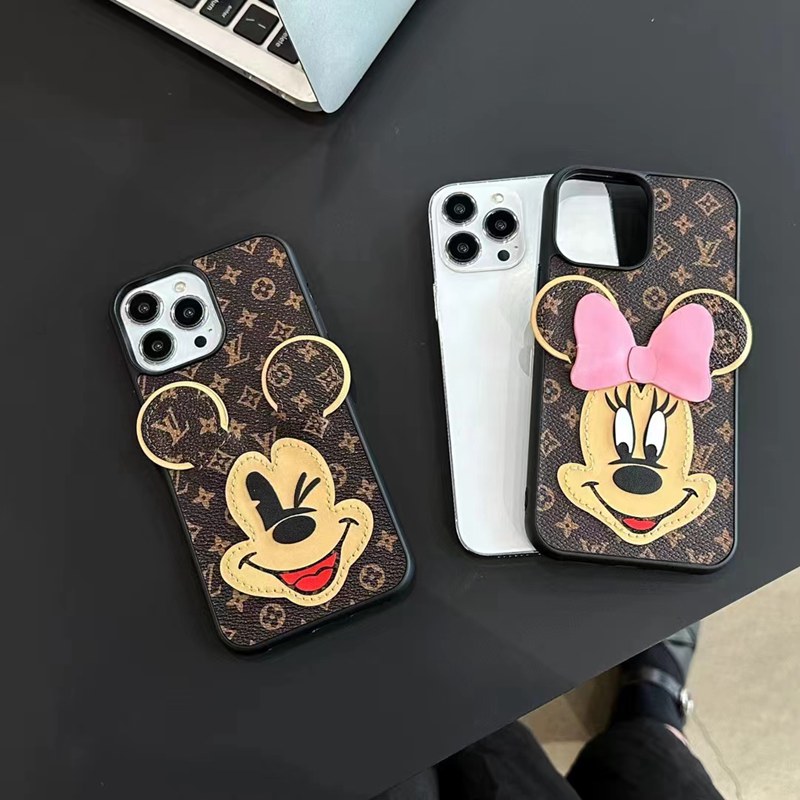 LV ハイブランド ルイヴィトン iPhone 14/14 Pro/14 Pro Max/14 Plusケース 韓国風 カード入れ ディズニー ミッキーマウス柄 レザー ミニーマウス