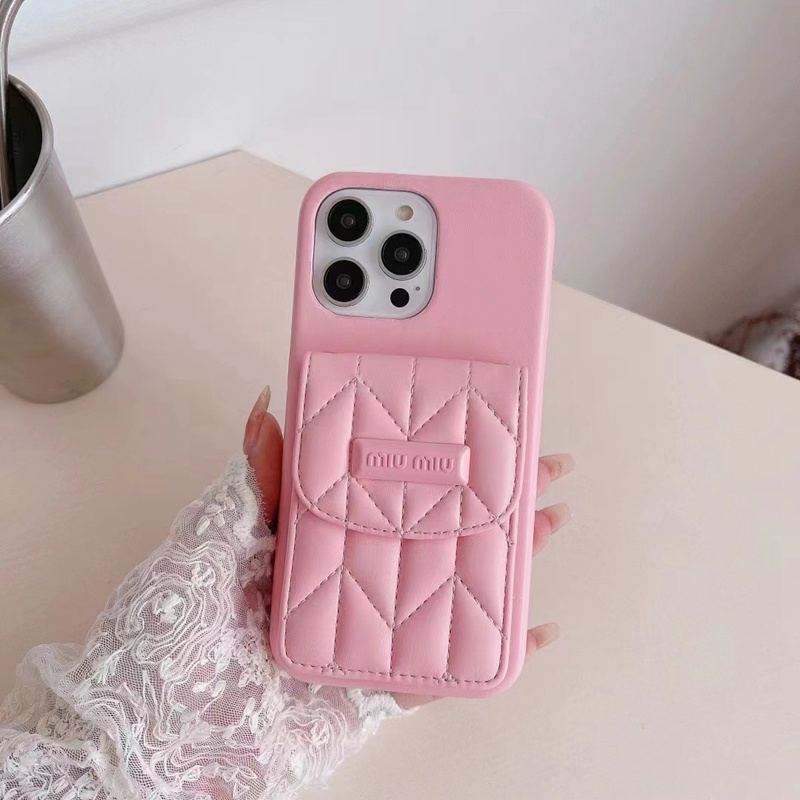MiuMiu iPhone14Pro Max/14Plusケース ミュウミュウins風バッグ革カード モノグラム 黒 ハイブラント　ピンク色 アイフォン14男女