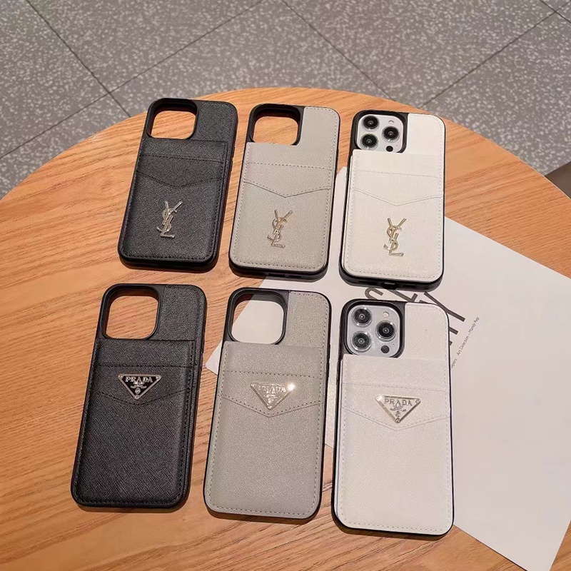 Prada YSL ブランド iphone15/14Pro maxケース 韓国風 カード入り レザー プラダ Yves Saint Laurent イヴ･サンローラン モノグラム 背面バッグ