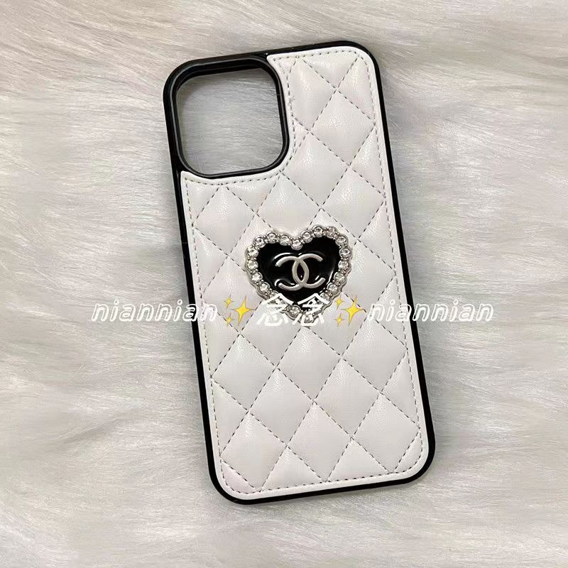 Chanel iphone14/14 pro/14 pro max/14plusケース縫い革シャネルブランド心柄キラキラ黒白ジャケット アイフォン14女性